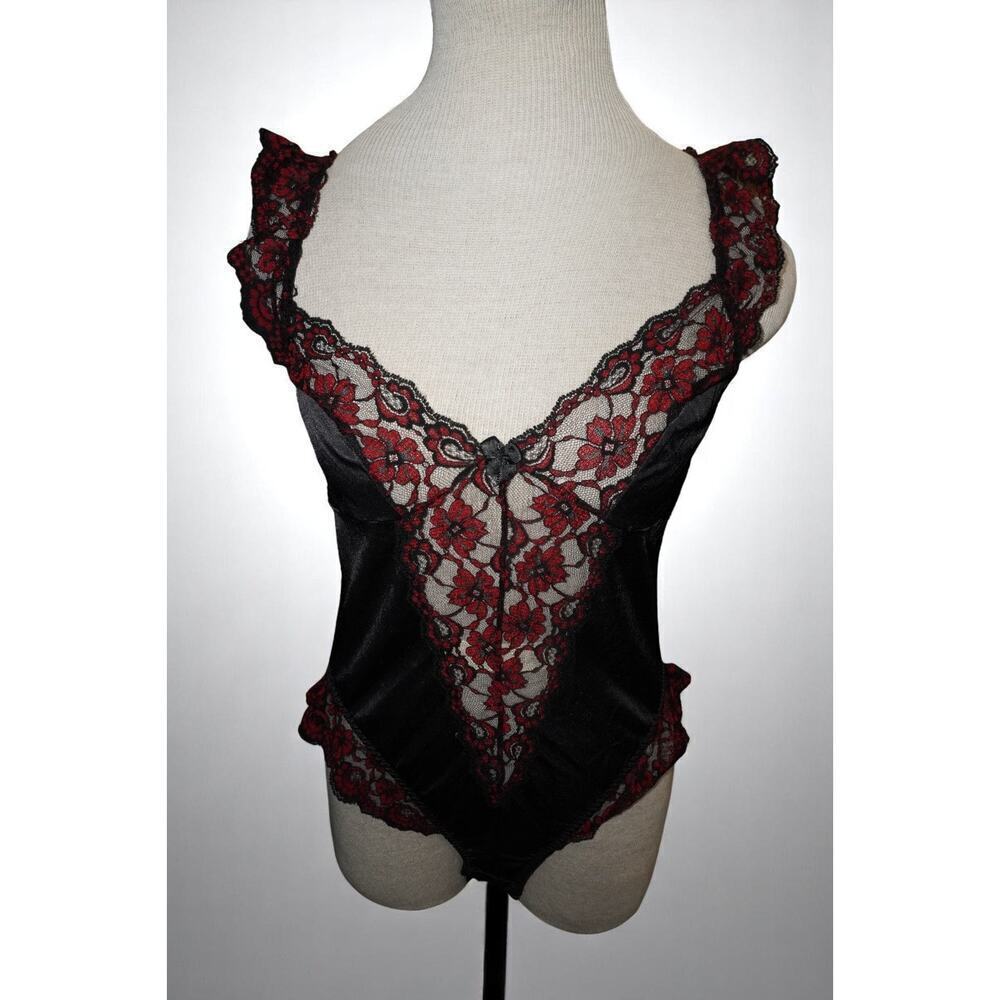 Black Satin & Red Floral Lace Bodysuit – Romantic Vintage-Lingerie (Size M)